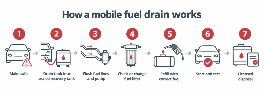 Seven-step diagram of how a mobile fuel drain service works