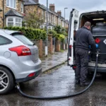 Mobile fuel drain technician draining a hatchback into a van recovery tank on a UK street