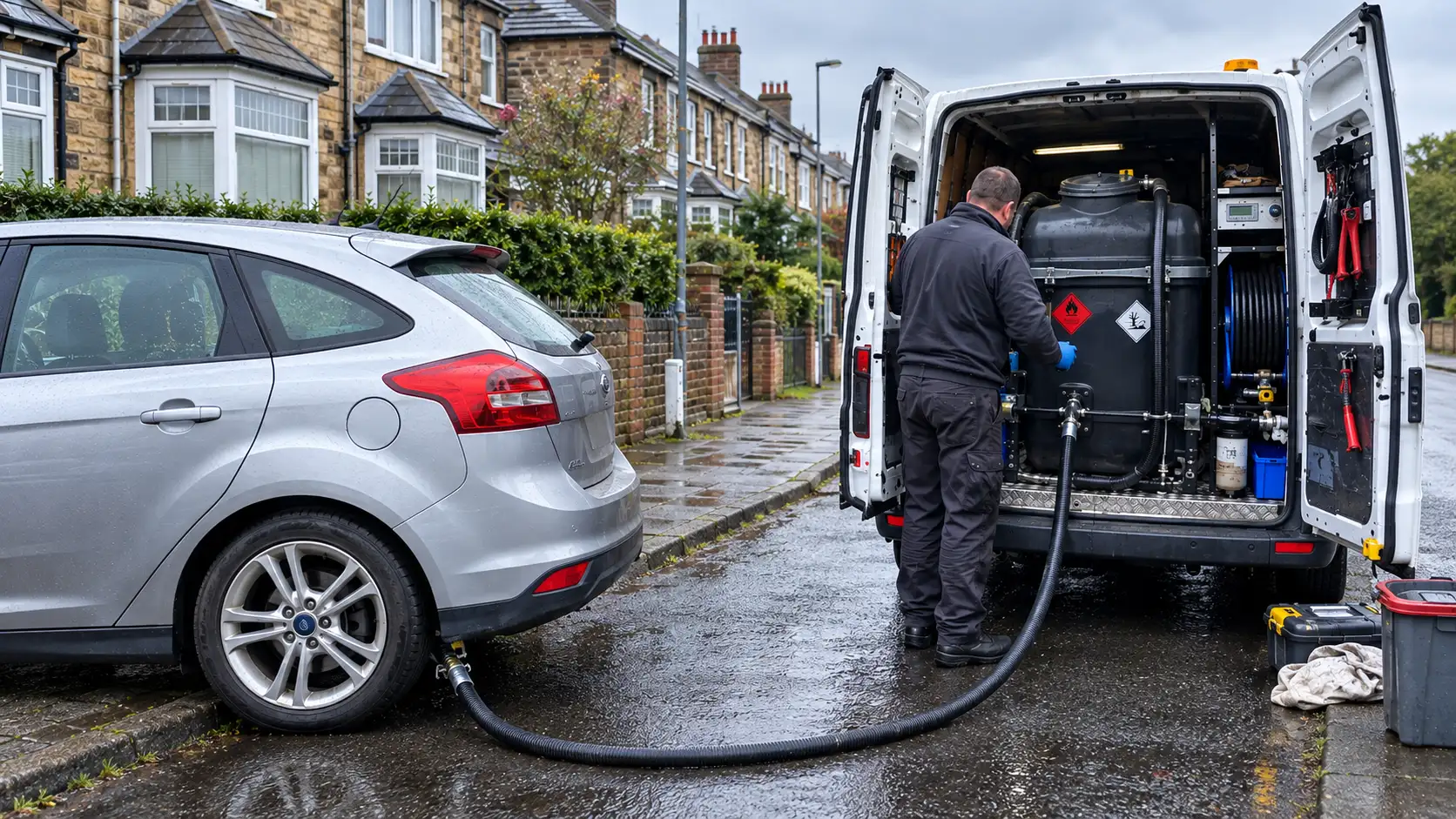 Mobile fuel drain technician draining a hatchback into a van recovery tank on a UK street