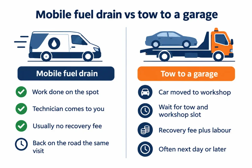 Comparison of a mobile fuel drain service and towing a car to a garage