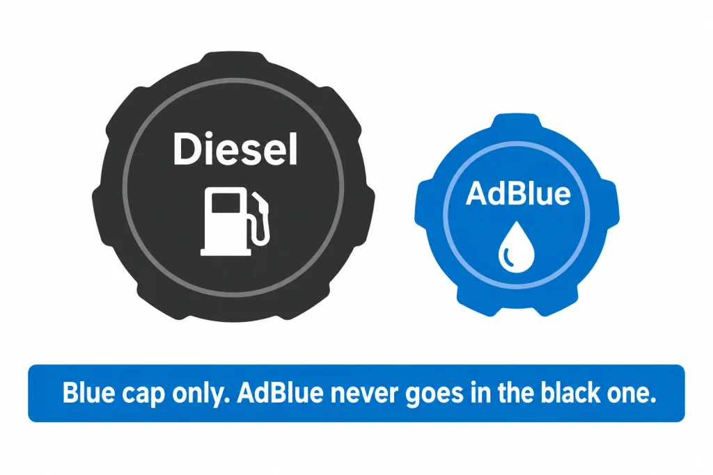 Black diesel cap and blue AdBlue cap compared side by side