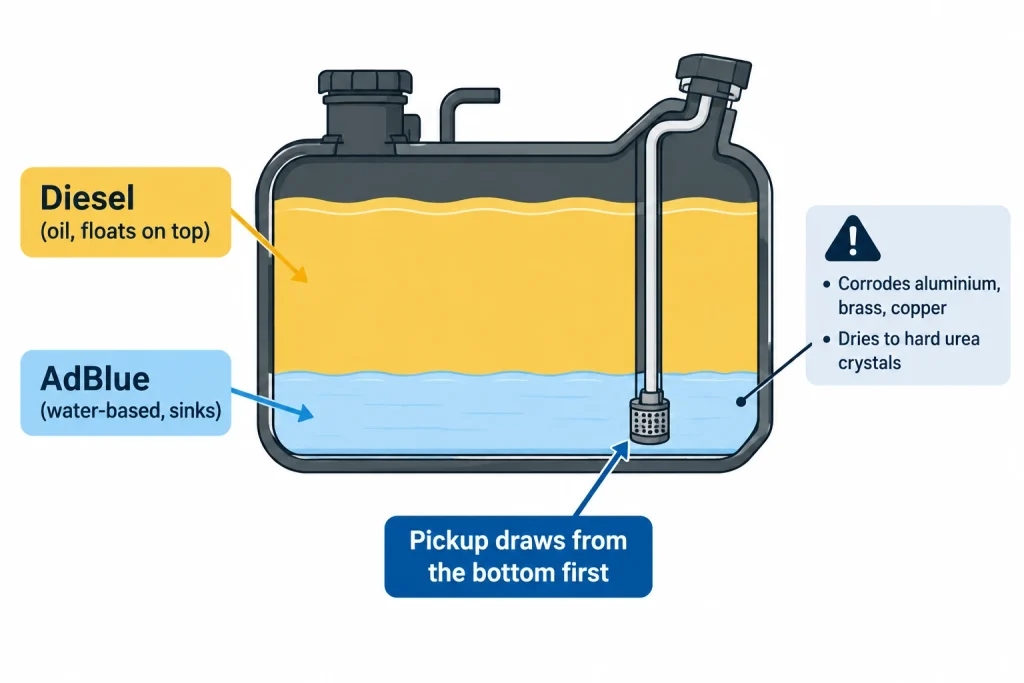 Diagram showing AdBlue sinking below diesel in a fuel tank next to the fuel pickup