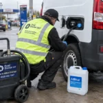 Fuel Doctor 247 technician draining AdBlue from a diesel van fuel tank at a UK forecourt
