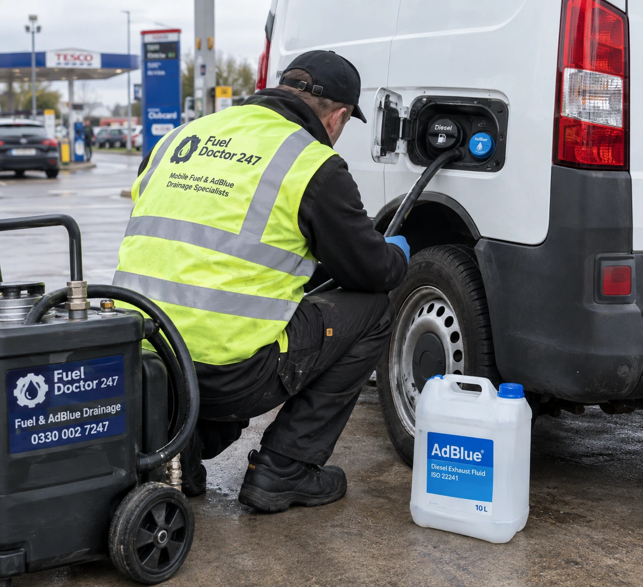 Fuel Doctor 247 technician draining AdBlue from a diesel van fuel tank at a UK forecourt