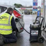 Fuel Doctor 247 technician draining diesel from a petrol car at a UK forecourt