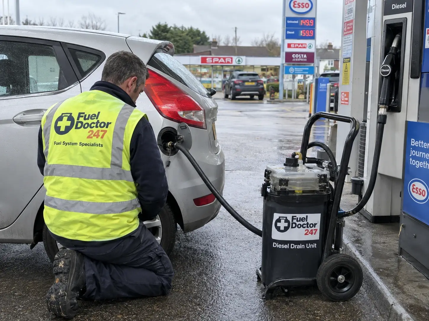 Fuel Doctor 247 technician draining diesel from a petrol car at a UK forecourt