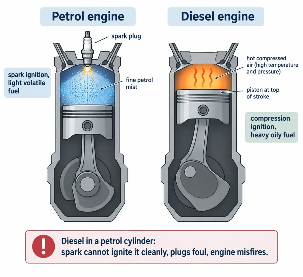 Diagram comparing spark ignition in a petrol engine with compression ignition in a diesel