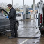 Wrong fuel recovery technician draining an SUV beside a UK petrol station