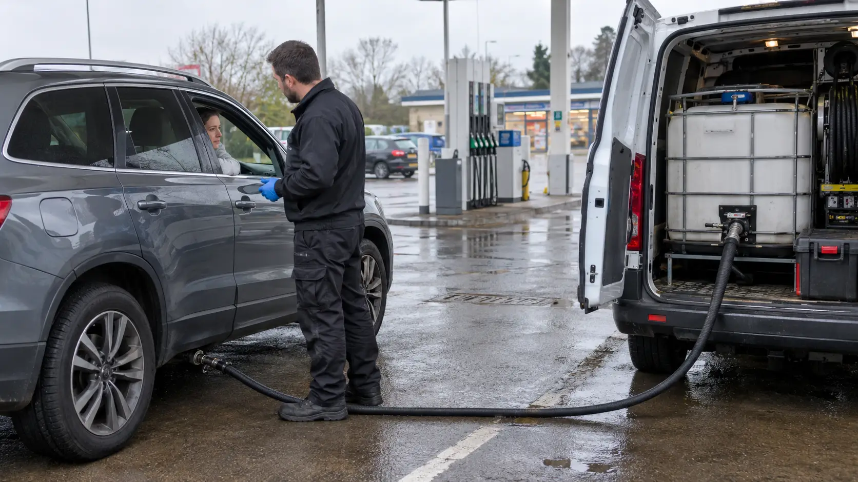 Wrong fuel recovery technician draining an SUV beside a UK petrol station