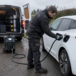 Technician giving an electric car an emergency mobile charge in a UK lay-by