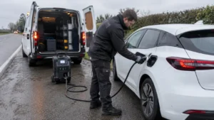 Technician giving an electric car an emergency mobile charge in a UK lay-by
