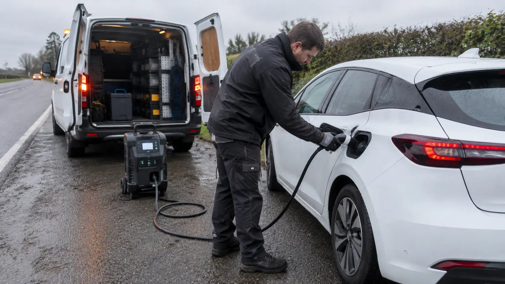 Technician giving an electric car an emergency mobile charge in a UK lay-by