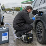 Technician draining contaminated fluid from the AdBlue tank of a diesel SUV on a UK forecourt