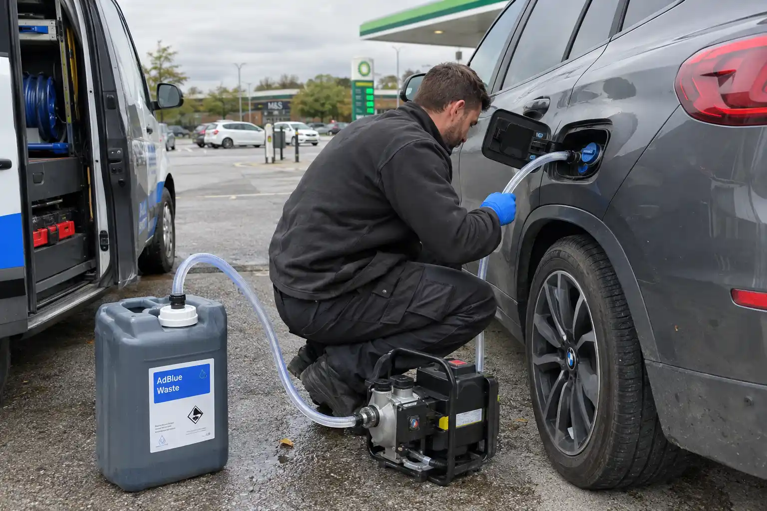 Technician draining contaminated fluid from the AdBlue tank of a diesel SUV on a UK forecourt