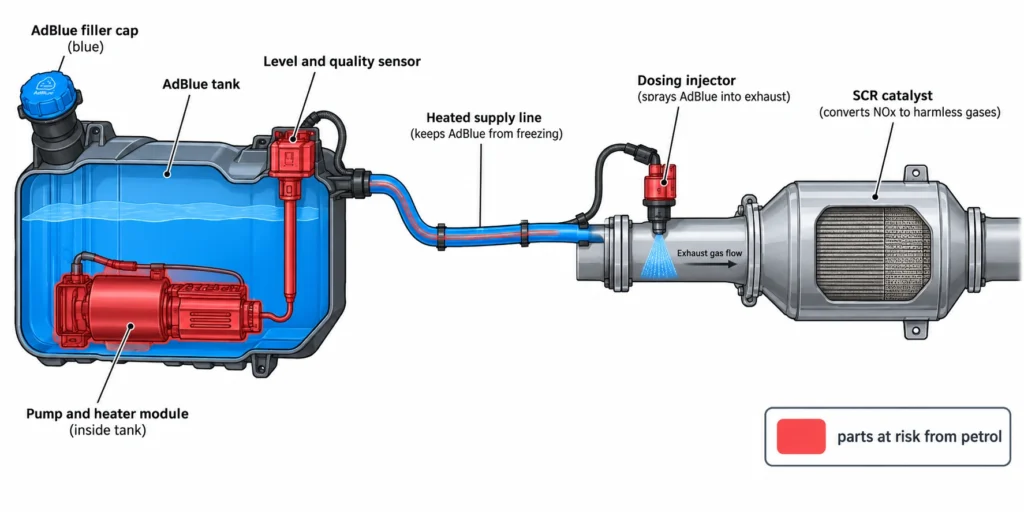 Diagram of a diesel AdBlue SCR system showing parts petrol can damage