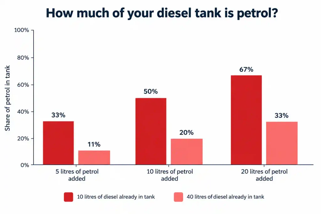 Bar chart of petrol share in a diesel tank after adding 5, 10 or 20 litres