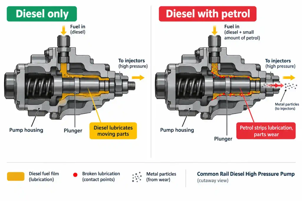 Diagram of how petrol strips lubrication inside a diesel high pressure pump